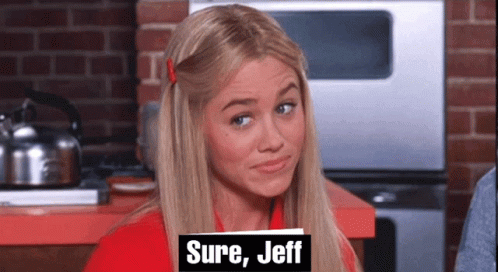 Woman with Blonde Hair and Red Shirt Says Sure Jeff