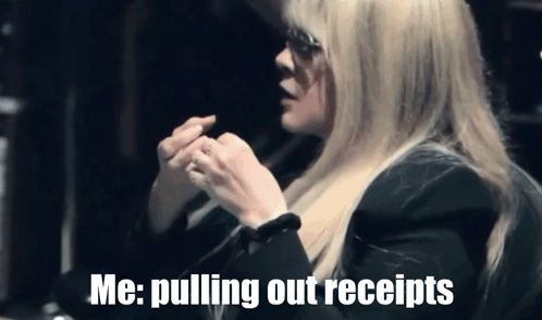 Woman With Blonde Hair and Sunglasses Says Me Pulling Out Receipts