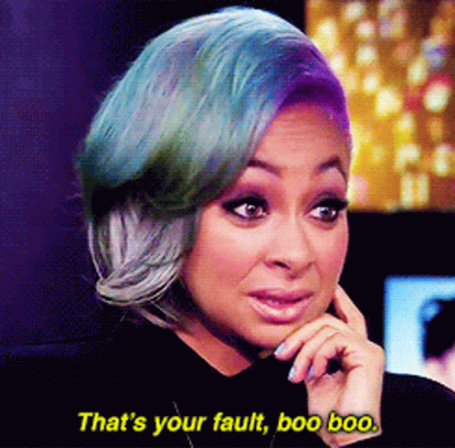 Woman With Blue And Purple Hair Saying That's Your Fault Boo Boo GIF