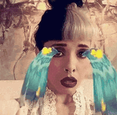 Woman With Blue Birds in Hair Funny Face
