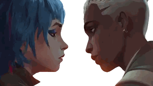 Woman with Blue Hair and Shaved Head Looking at Each Other