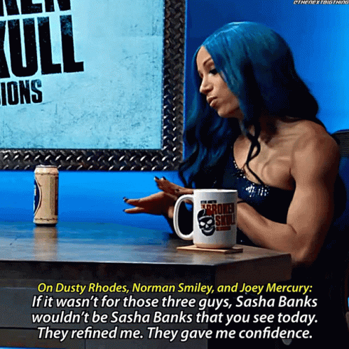 Woman with Blue Hair and Skull Mug