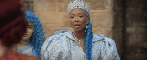 Woman With Blue Hair And Tiara Next To Two Women In Blue Wigs GIF