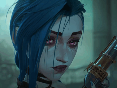 Woman With Blue Hair Holding Gun With Letter T GIF