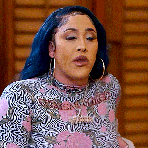 Woman with Blue Hair, Hoop Earrings, Pink Black Floral Shirt