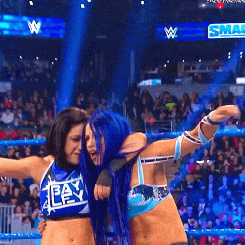 Woman With Blue Hair Hugging Another Woman in Wrestling Ring
