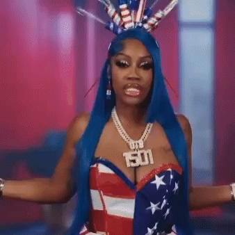 Woman With Blue Hair in American Flag Costume and 501 Necklace