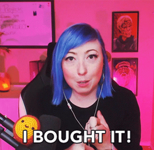 Woman with Blue Hair Saying I Bought It