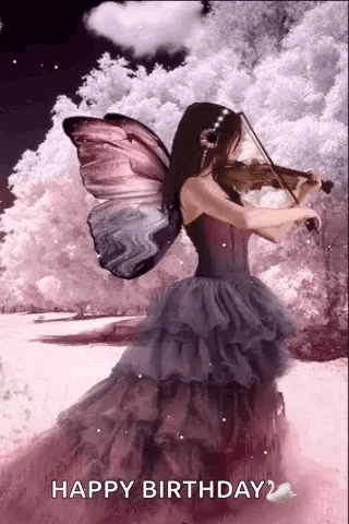 Woman With Butterfly Wings Playing Violin In Pink Dress GIF