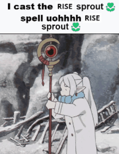 Woman With Cane Saying Rise Sprout Spell Uohhhh