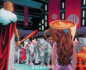 Woman With Coffee On Head And Man With Bat GIF