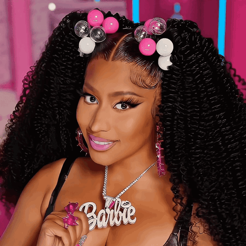 Woman With Curly Hair Wearing Barbie Necklace