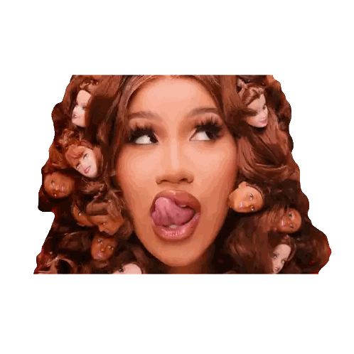 Woman with Doll Heads in Hair Tongue Out