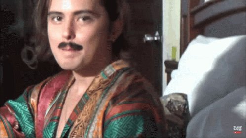 Woman With Fake Mustache In Kimono GIF