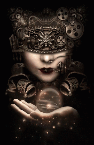Woman With Gears on Head Holding Crystal Ball