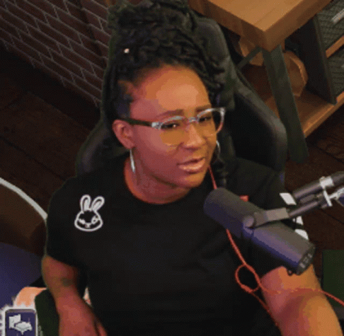 Woman With Glasses And Bunny Shirt At Microphone GIF