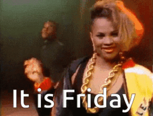 Woman With Gold Chain Standing In Front Of Friday Sign GIF