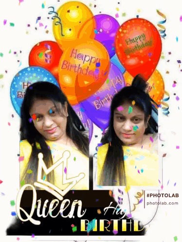 Woman With Happy Birthday Balloons And Queen GIF