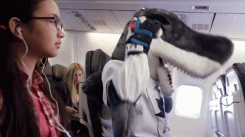 Woman With Headphones and Stuffed Shark on Airplane