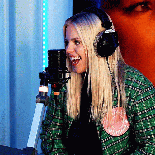 Woman With Headphones Green Plaid Shirt I Love You Patch
