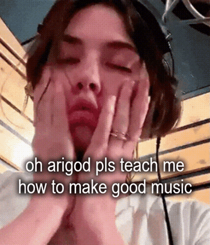 Woman With Headphones Holding Hands To Face Saying Oh Arigod Pls Teach Me How To Make Good Music GIF