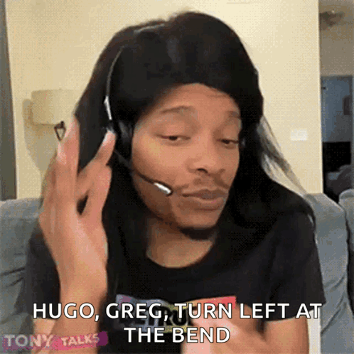 Woman With Headset Says Hugo Greg Turn Left At The Bend GIF