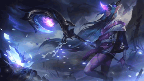 Woman With Long Hair Holding Cane With Purple Flames GIF