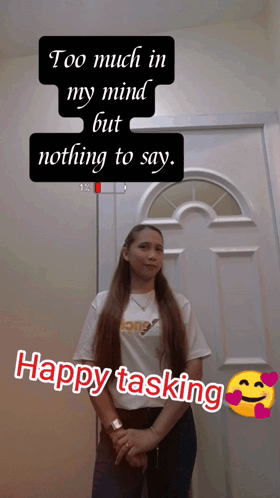 Woman with Long Hair in Front of Happy Tasking Door