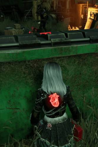 Woman With Long White Hair Holding Red Object