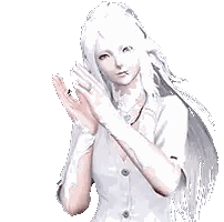 Woman with Long White Hair in White Shirt and Gloves