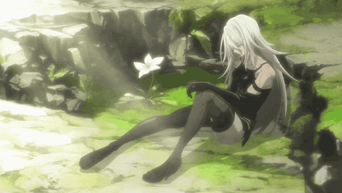Woman With Long White Hair Sitting on Rock Near Flower