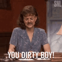 Woman with Mustache Saying You Dirty Boy