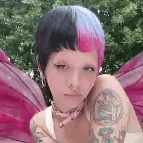 Woman with Pink Blue Hair, Wings, Choker, Earrings