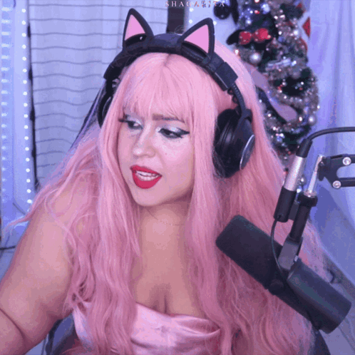 Woman With Pink Hair And Cat Ear Headphones GIF