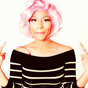 Woman with Pink Hair and Striped Shirt Giving Middle Finger