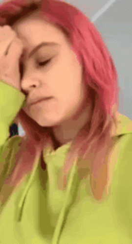 Woman with Pink Hair in Green Hoodie