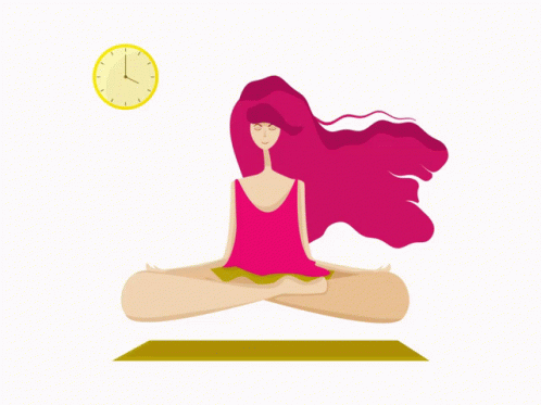 Woman with Pink Hair on Yoga Mat, Clock at 7:15
