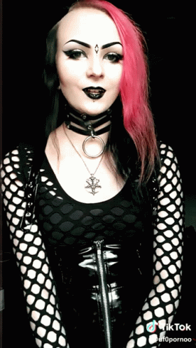 Woman with Pink Hair Wearing Choker and Necklace