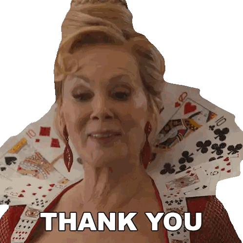 Woman With Playing Cards on Head Saying Thank You