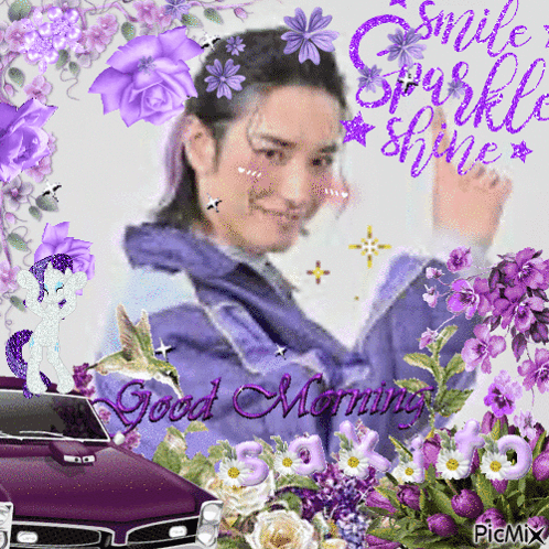 Woman With Purple Flowers and Car Says Good Morning