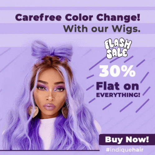 Woman With Purple Hair and Bow Saying Carefree Color Change With Our Wigs
