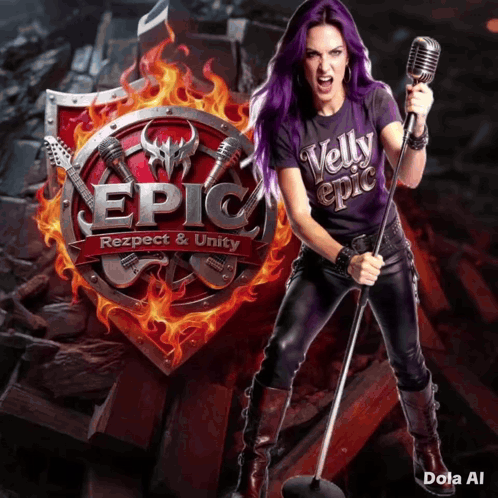 Woman With Purple Hair Holding Microphone in Front of Epic Sign