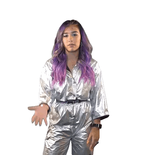 Woman with Purple Hair in Silver Suit
