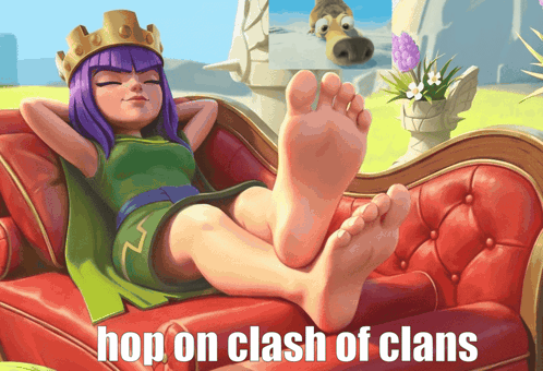 Woman With Purple Hair Laying On Red Couch Hop Clash Of Clans GIF