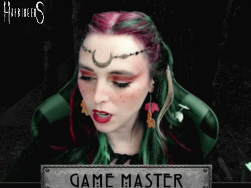Woman with Red and Green Hair at Game Master Sign