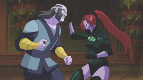 Woman With Red Hair Fighting Man in Purple Outfit