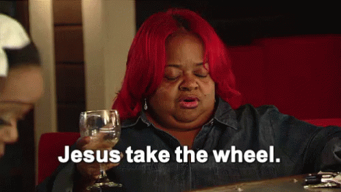 Woman With Red Hair Holding Wine And Saying Jesus Take The Wheel GIF