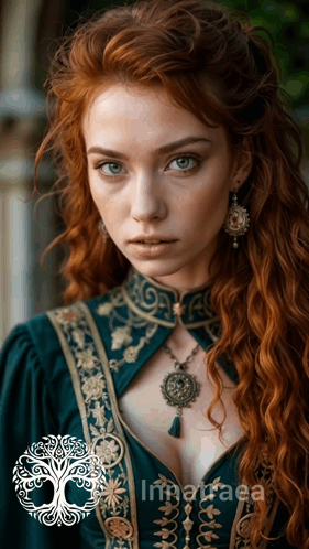 Woman With Red Hair In Green And Gold Dress And Earrings GIF