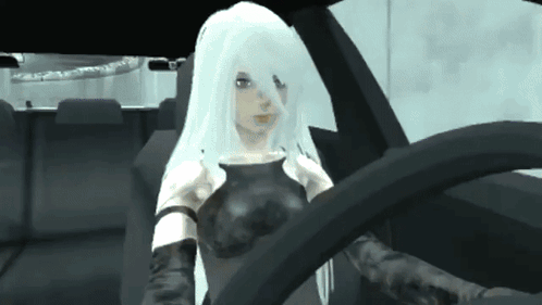 Woman with White Hair and Black Gloves Sitting in Car