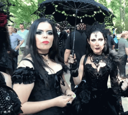 Women In Black Dresses Holding Umbrella GIF